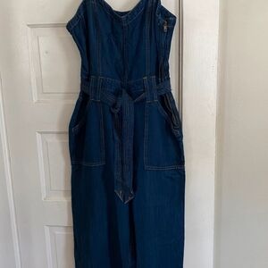 Denim-Style Dark Blue Strapless Jumpsuit with Belt